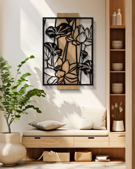 Thatlyfestyle Lotus Wanddecoratie Metaal Hout 60x90 cm