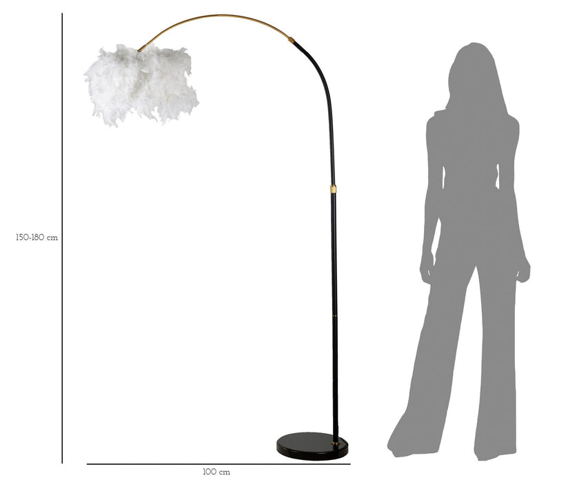 Vloerlamp Arc Plur Zwart Metaal Witte Veren 100x150-180 cm