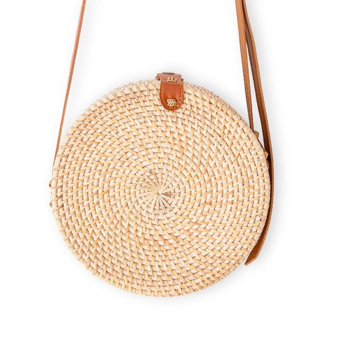 Ronde rotan tas beige lederen riemen Boho Bali SENJA