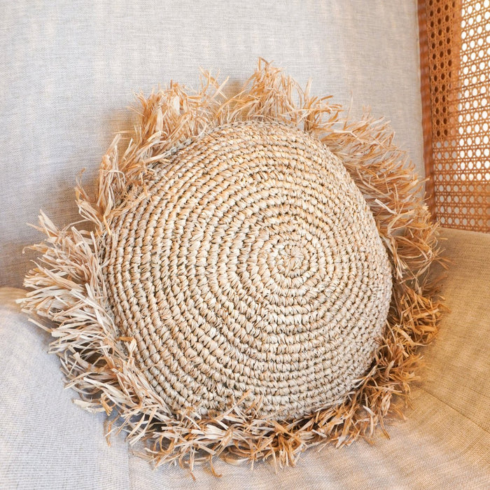 Rond Boho Kussen met Franjes Decoratief Kussen Ø40/50 cm Sierkussen van Raffia Bankkussen met Vulling TARAKAN beige