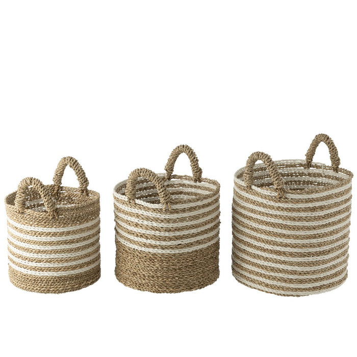 J-Line Set Van Drie Manden Gestreept Raffia Wit/Naturel