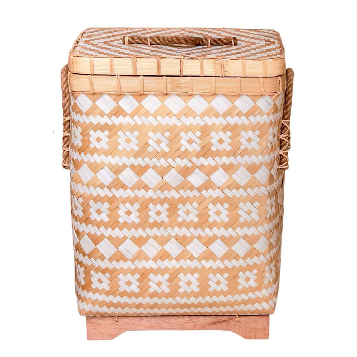 Wasmand met deksel DARI Handgeweven van bamboe met een beige wit zigzagpatroon