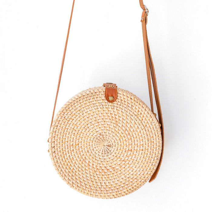 Ronde rotan tas beige lederen riemen Boho Bali SENJA