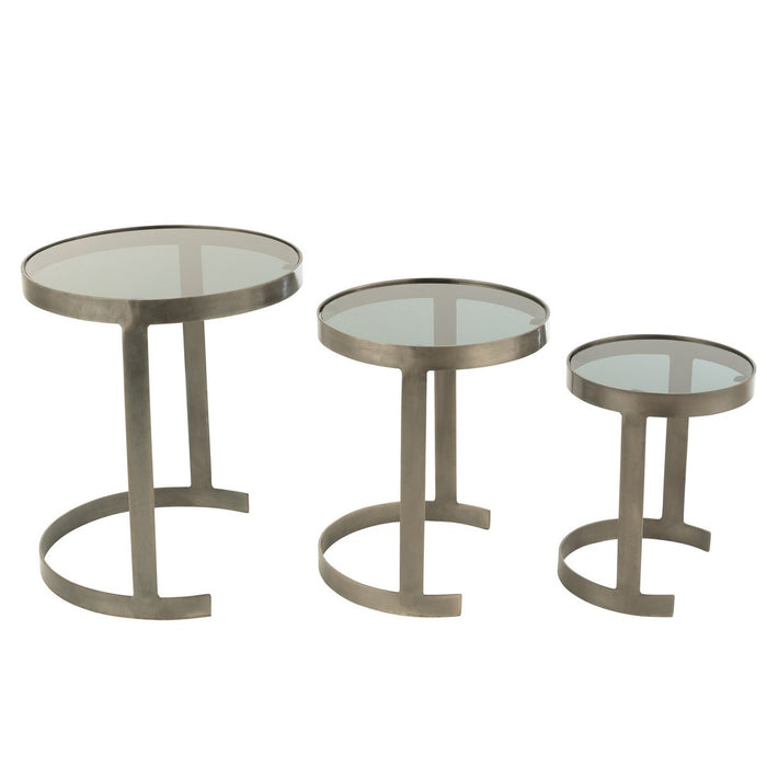 J-Line bijzettafel Rond - ijzer/glas - grijs - set van 3 - ThatLyfeStyle