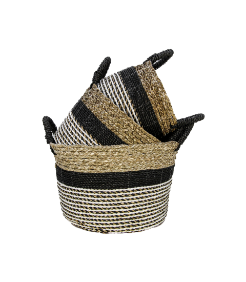 HSM Collection-Mandenset Malibu S/3-ø40x30-Zwart/Naturel-Raffia/Zeegras