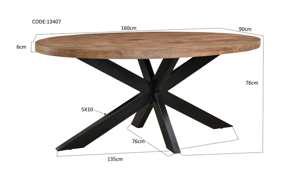 Brix Sturdy Oval Eettafel Mangohout Staal 160cm