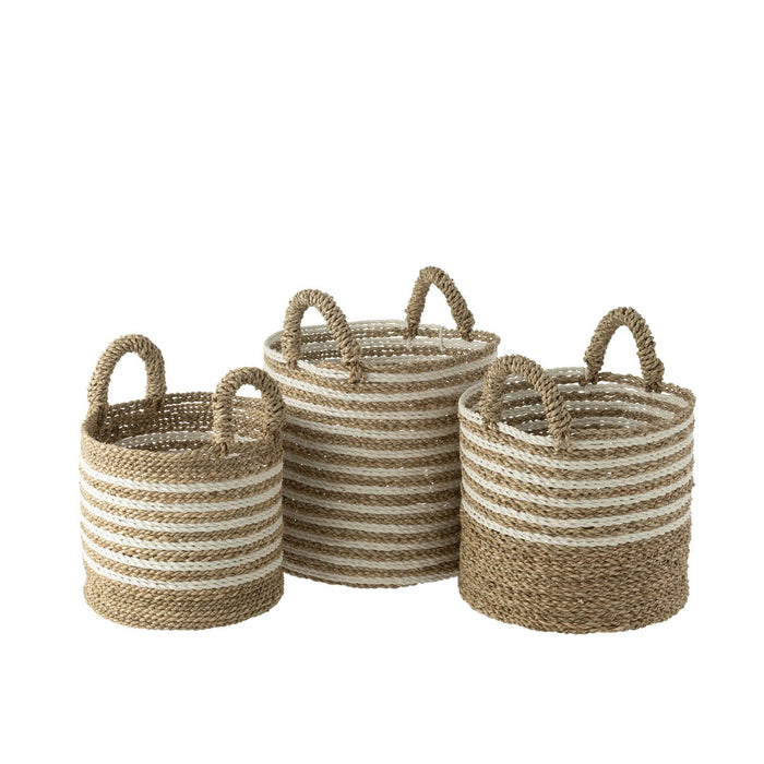 J-Line Set Van Drie Manden Gestreept Raffia Wit/Naturel