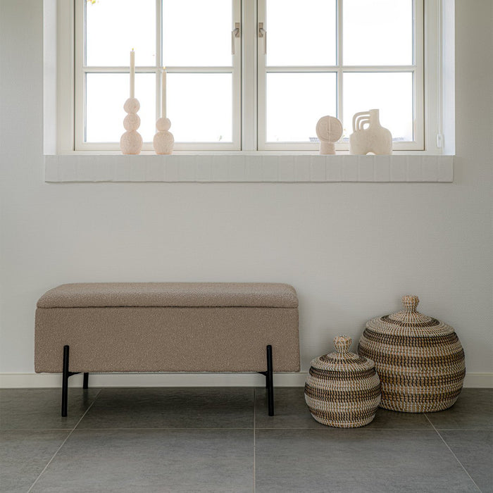 Watford Bench - Bank in bouclé met opbergruimte, beige met zwarte poten, 95x36,5x46 cm, HN1233 - ThatLyfeStyle