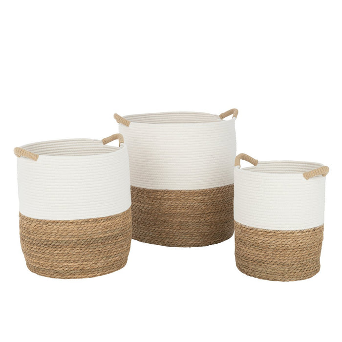 J-Line mand Rond Handvatten - textiel - wit/naturel - 3 stuks