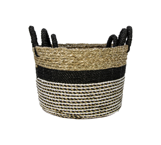 HSM Collection-Mandenset Malibu S/3-ø40x30-Zwart/Naturel-Raffia/Zeegras