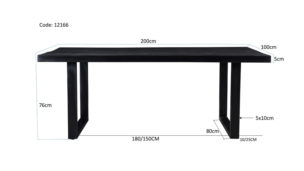 Livingfurn Kala Eetkamertafel Zwart Mangohout Staal 200x100 cm