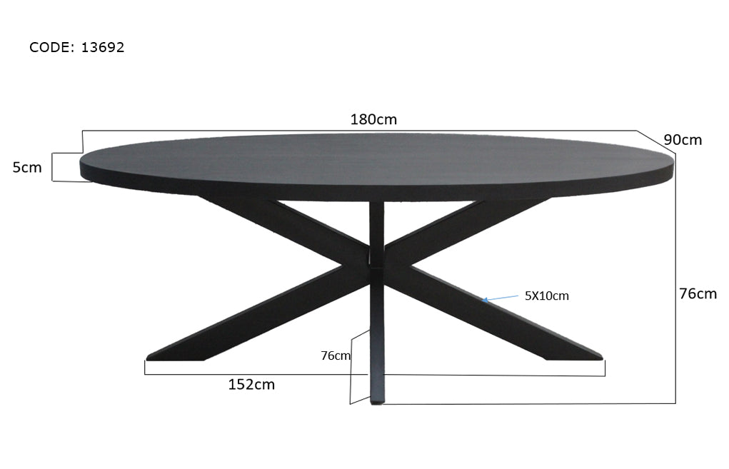 Livingfurn Kala Spider Oval Eettafel Zwart Mangohout 180x90cm