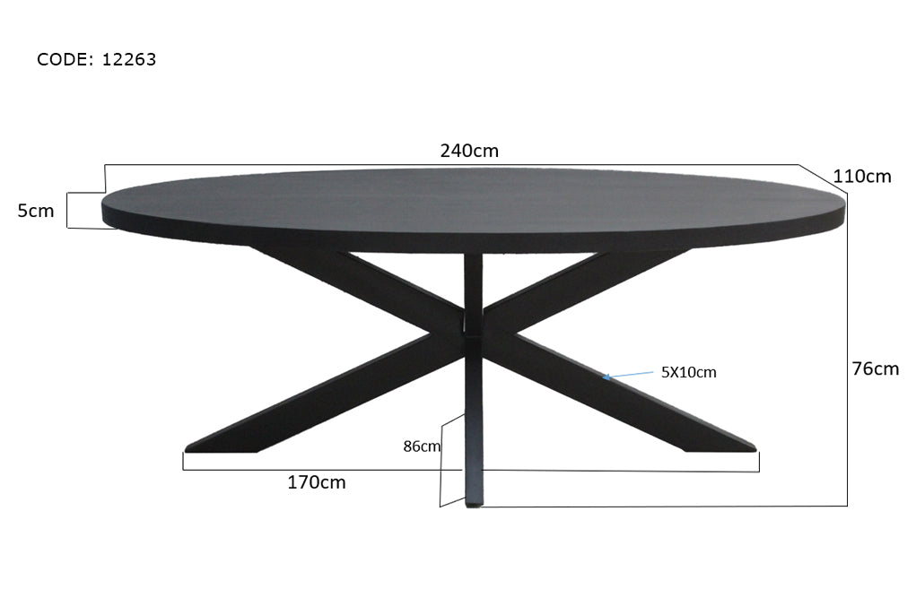 Livingfurn Kala Oval Spider Eettafel Zwart Mangohout 240x110 cm