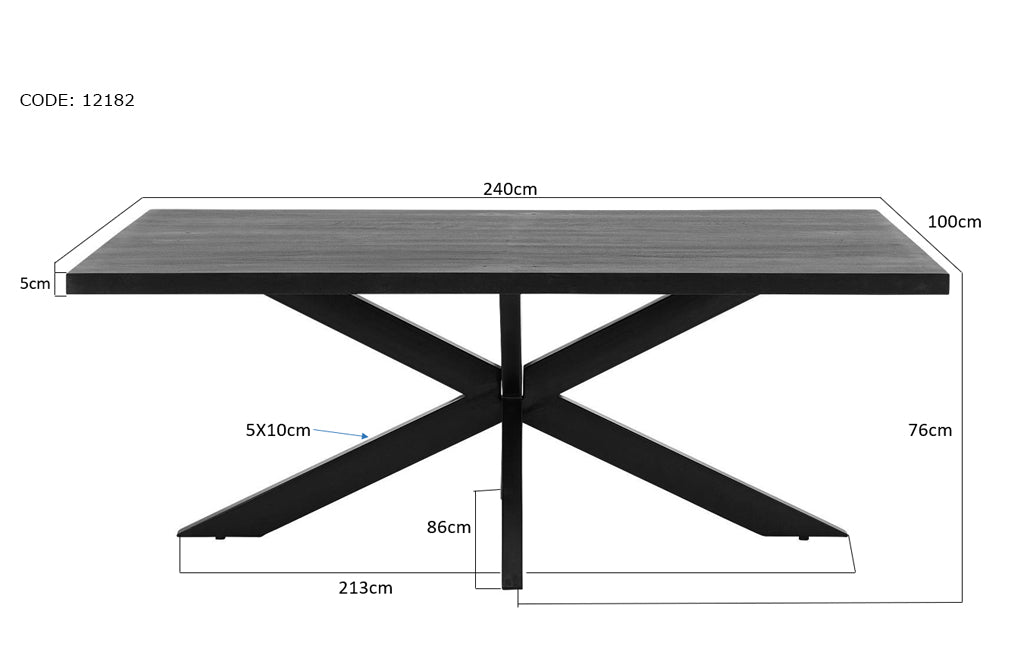 Livingfurn Kala Spider Eettafel Zwart Mangohout Staal 240x100 cm